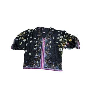 Johnny Was Silk Addy Top in black floral with tassels  on the arms xs WT41